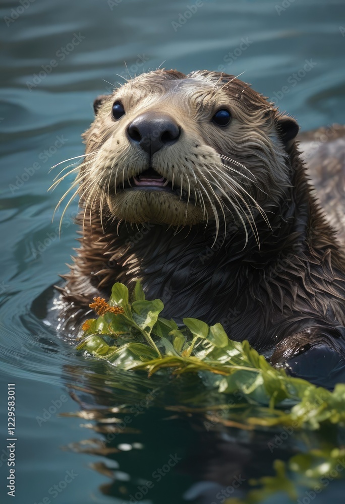 Sea Otter wrapped in kelp floating on water massaging his teeth, floated sea otter, aquatic mammals Sea Otter wrapped in kelp floating on water massaging his teeth, floated sea otter, aquatic mammals