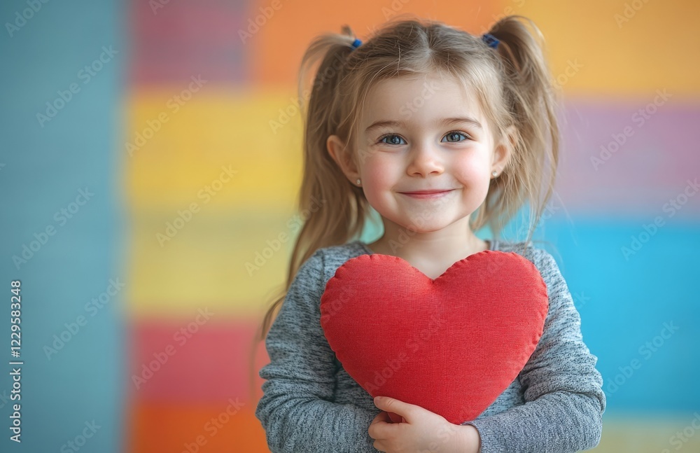 Happy little girl with red heart-shaped pillow, Valentine's Day celebration Happy little girl with red heart-shaped pillow, Valentine's Day celebration