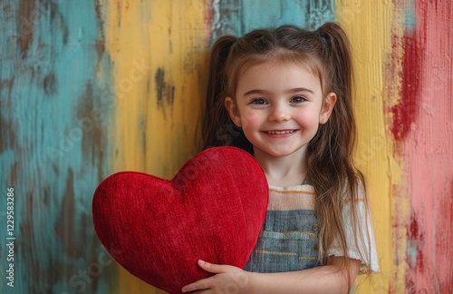 Happy little girl with red heart-shaped pillow, Valentine's Day celebration