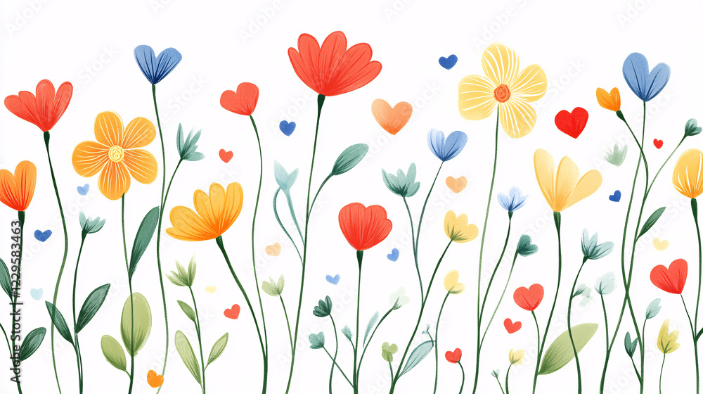 A vibrant illustration of wildflowers in red yellow and blue with tiny heart accents creating a cheerful and romantic design
