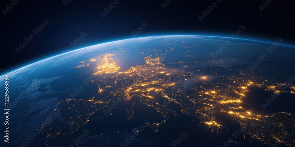 Obraz premium A stunning satellite-style view of Europe and surrounding regions at night, illuminated by a vast network of glowing city lights
