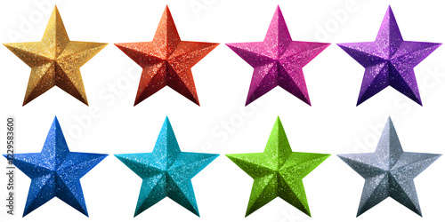Colorful set of five-pointed glitter stars isolated on empty background