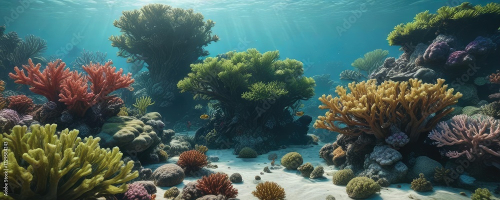 Naklejka premium Shallow coral reef with lush algae and corals, marine ecosystem, lush algae