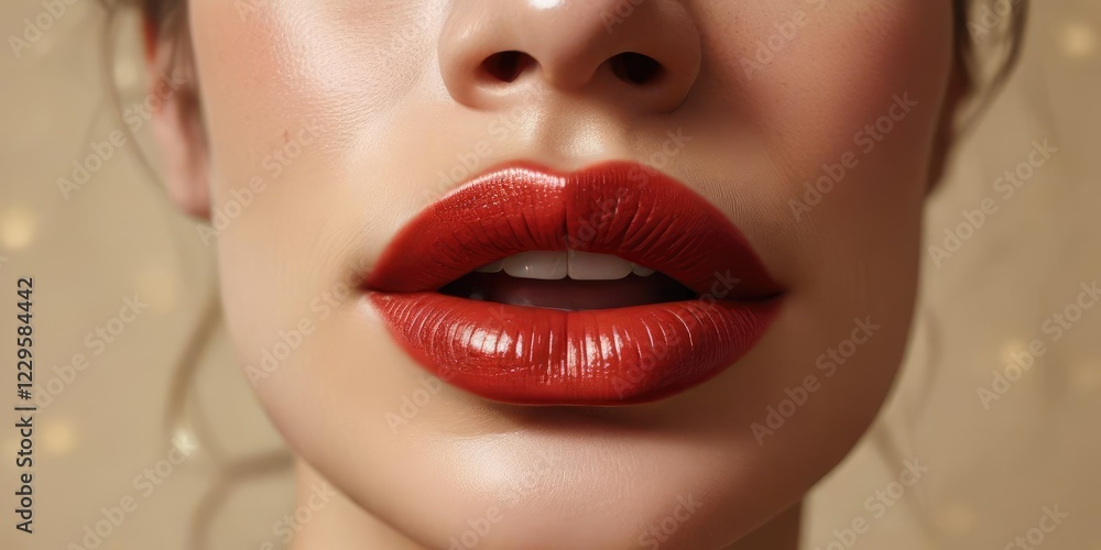 Obraz premium Shimmering amber lip gloss smear with a hint of red on a neutral beige, lip color, subtle sparkle