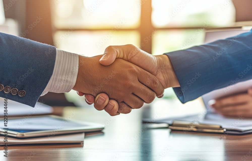 Two businessmen are firmly shaking hands across a table in a formal setting Two businessmen are firmly shaking hands across a table in a formal setting