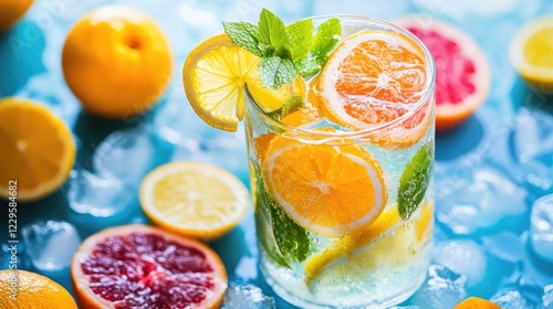 Refreshing citrus and mint infused water drink on light blue background with ice photo