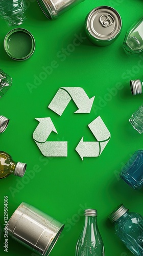 Recycle symbol surrounded by plastic, glass, metal waste on green.