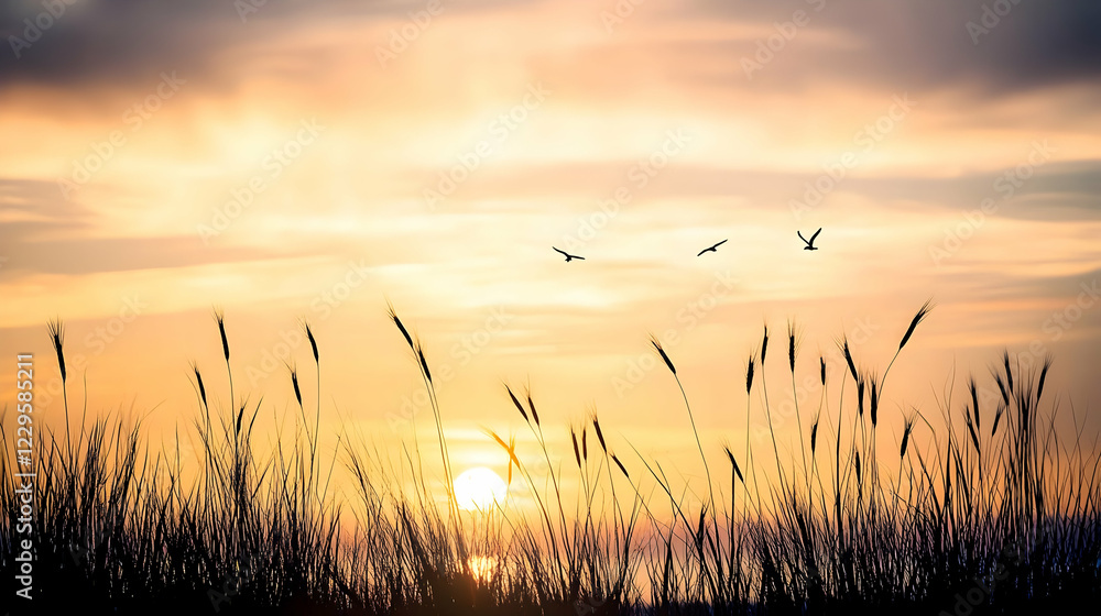 Silhouetted Grass and Birds Fly Across a Golden Sunset Sky Beautifully Silhouetted Grass and Birds Fly Across a Golden Sunset Sky Beautifully