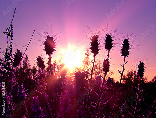 Silhouetted plants stand ta...