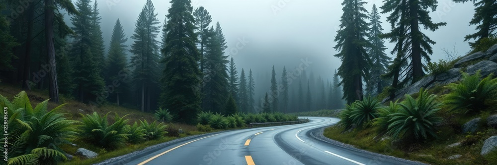Naklejka premium Single lane asphalt road winding through a dense mountain forest with tall evergreen trees and ferns surrounded by rocky hills and misty fog, fog, asphalt road, empty road