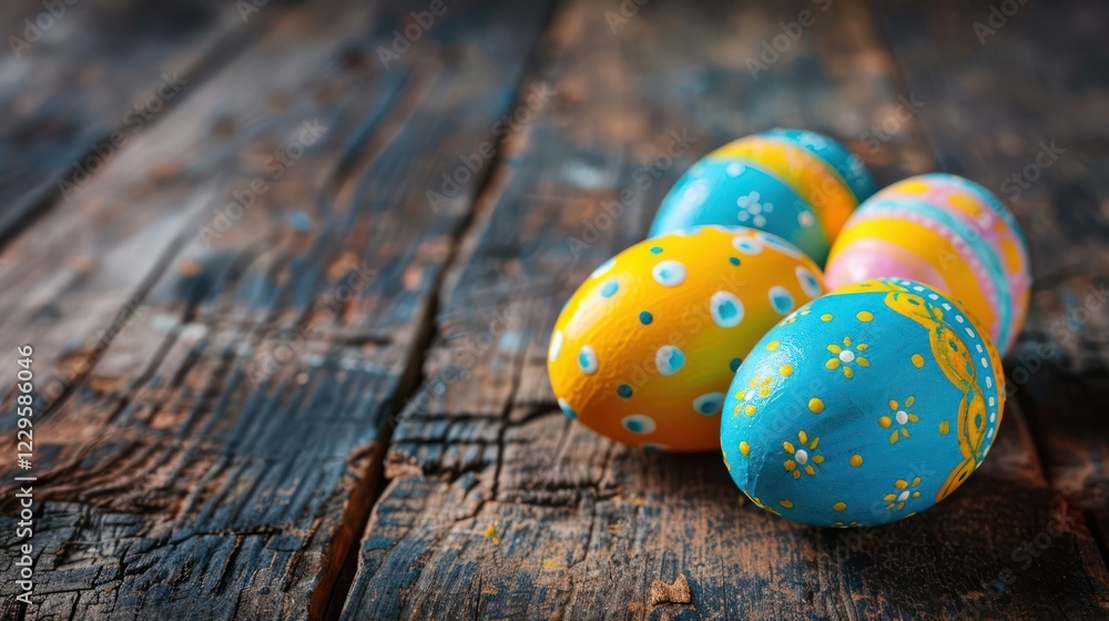 Obraz premium Colorful decorated Easter eggs resting on a rustic wooden table, evoking spring festivities