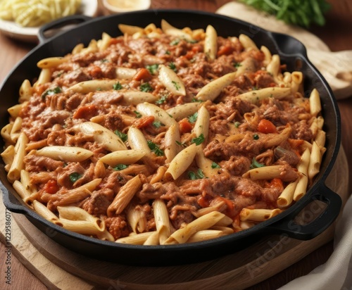 Skillet filled with penne pasta smothered in a rich and tangy ground turkey sauce, creamy sauce, comforting meal, meaty filling photo