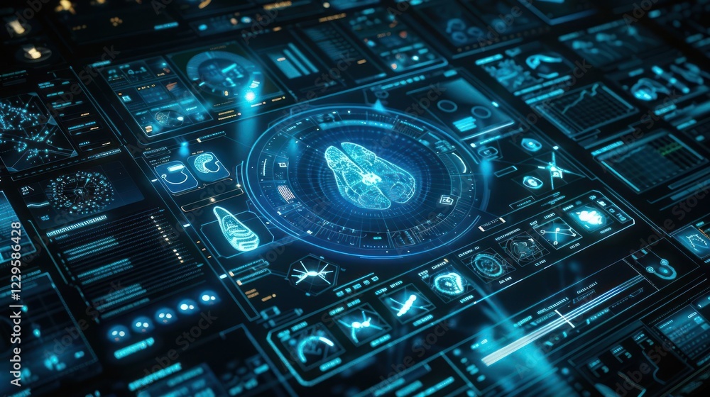 Obraz premium Futuristic medical interface displaying complex data analysis and human anatomy visualization