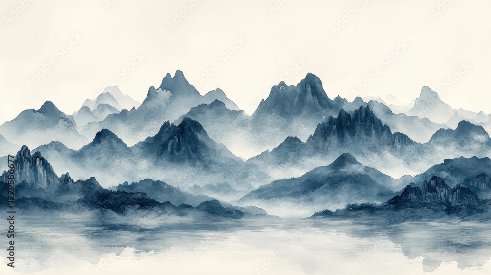 Serene misty mountains reflecting in still water. Serene misty mountains reflecting in still water.
