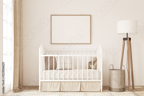 Nursery interior in romantic style. Poster mockup. 3d render.