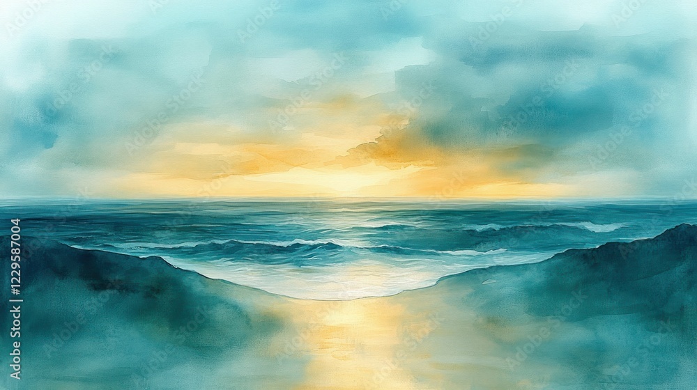 Fototapeta premium Serene ocean sunset, teal waves, golden light