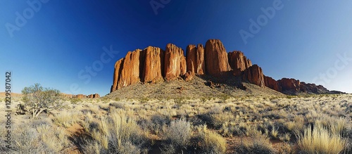 Red rock outcrop in desert under clear sky.