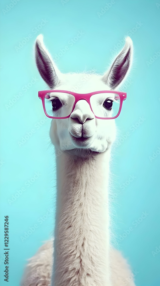 Fototapeta premium White Llama Wearing Pink Glasses Poses Confidently Against a Bright Blue Backdrop