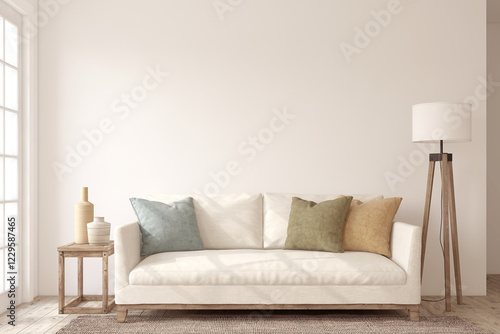 Living-room interior in scandinavian style. Interior mockup. 3d render.