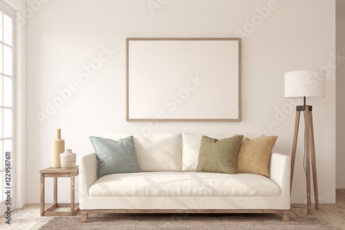 Living-room interior in scandinavian style. Poster mockup. 3d render.