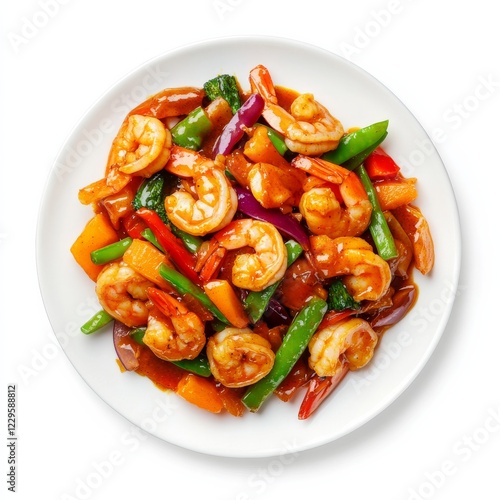 A plate of spicy shrimp stir-fry with vegetables, isolated white background, hyperrealism art style photo