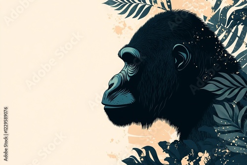 muzzle of gorilla profile silhouette with leaves of tropical vegetation of exotic forests the concept of protecting animals and forest environment  photo