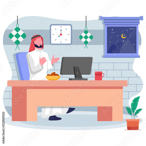 Emirati Muslim doing dua before breaking the fast concept, Ifarti time at Workplace vector Icon design, observing ramadan Eid al-Fitr Banner, Muslim fasting month scene, Arabic holidays illustration