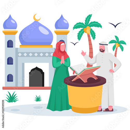 Muslim couple engaging with  reading discussing Quran concept, Seeking Knowledge Book of hadith vector icon design ramadan Eid al-Fitr Banner, Muslim fasting month scene, Arabic holidays illustration