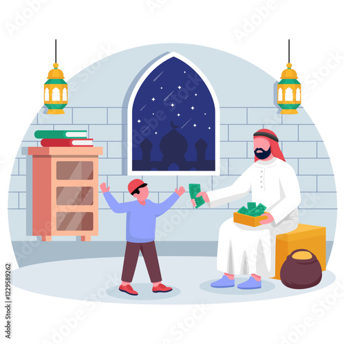 Traditional Saudi Man wearing thawb and shemagh Cash Giving to Kids concept, Eidi Money Generosity and Giving vector icon design, Ramadan and Eid al-Fitr Banner Muslim fasting month scene, Arab