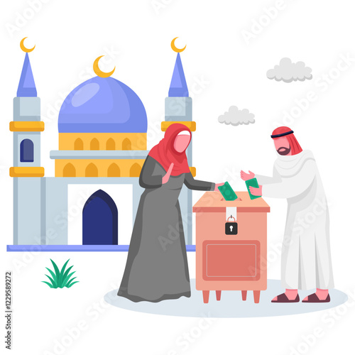 Emirati Muslim Couple Donating Money in front of Mosque concept, Pillars of Islam Charity vector icon design ramadan and Eid al-Fitr Banner, Muslim fasting month scene, Arabic holidays illustration