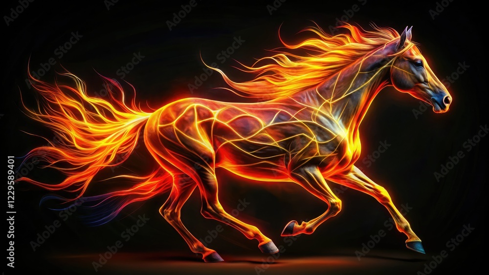 Fototapeta premium Abstract digital art captures the fiery energy and dynamic motion of horses.