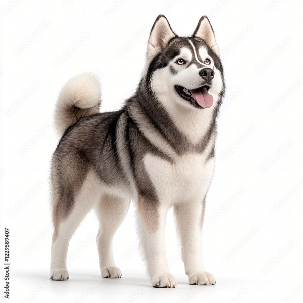 Obraz premium Adorable Siberian Husky Dog Breed Standing Full Body Fluffy Fur White Background