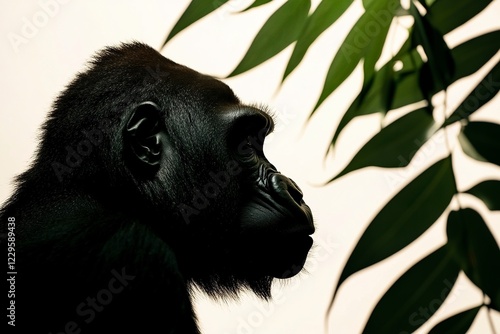 muzzle of gorilla profile silhouette with leaves of tropical vegetation of exotic forests the concept of protecting animals and forest environment  photo