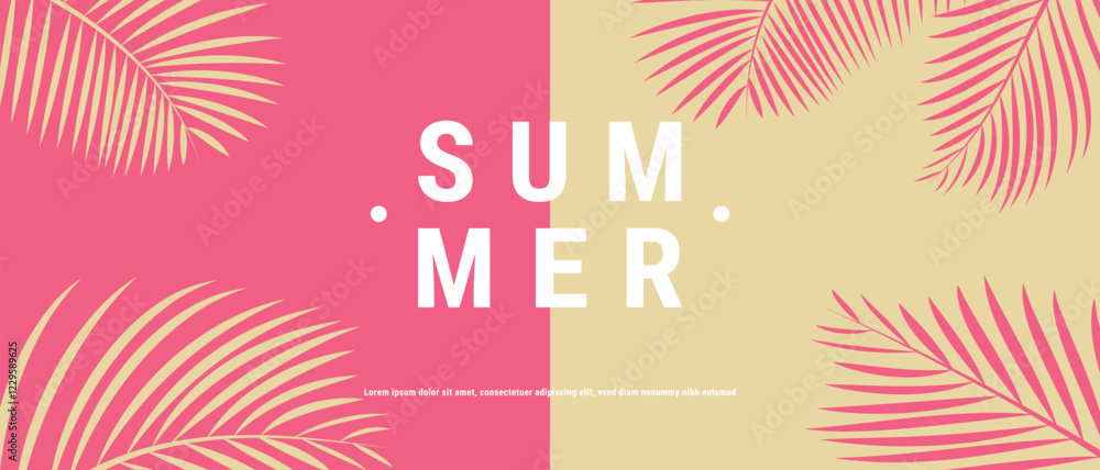 Creative summer sale banner in trendy bright colors with tropical leaves and discount text. Season promotion illustration.