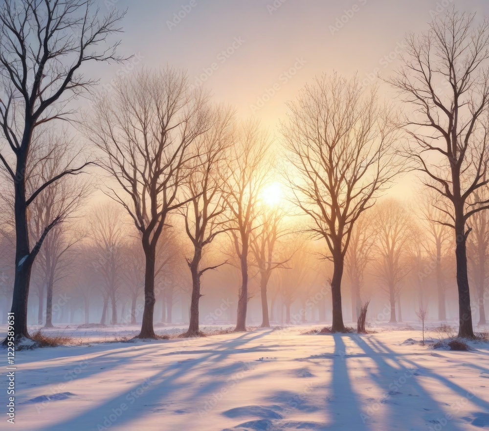 Snowy winter scene with bare trees and a hazy sun , natural, hazy sun Snowy winter scene with bare trees and a hazy sun , natural, hazy sun
