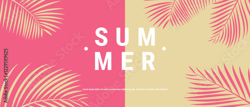 Obraz na płótnie Creative summer sale banner in trendy bright colors with tropical leaves and discount text. Season promotion illustration. w salonie