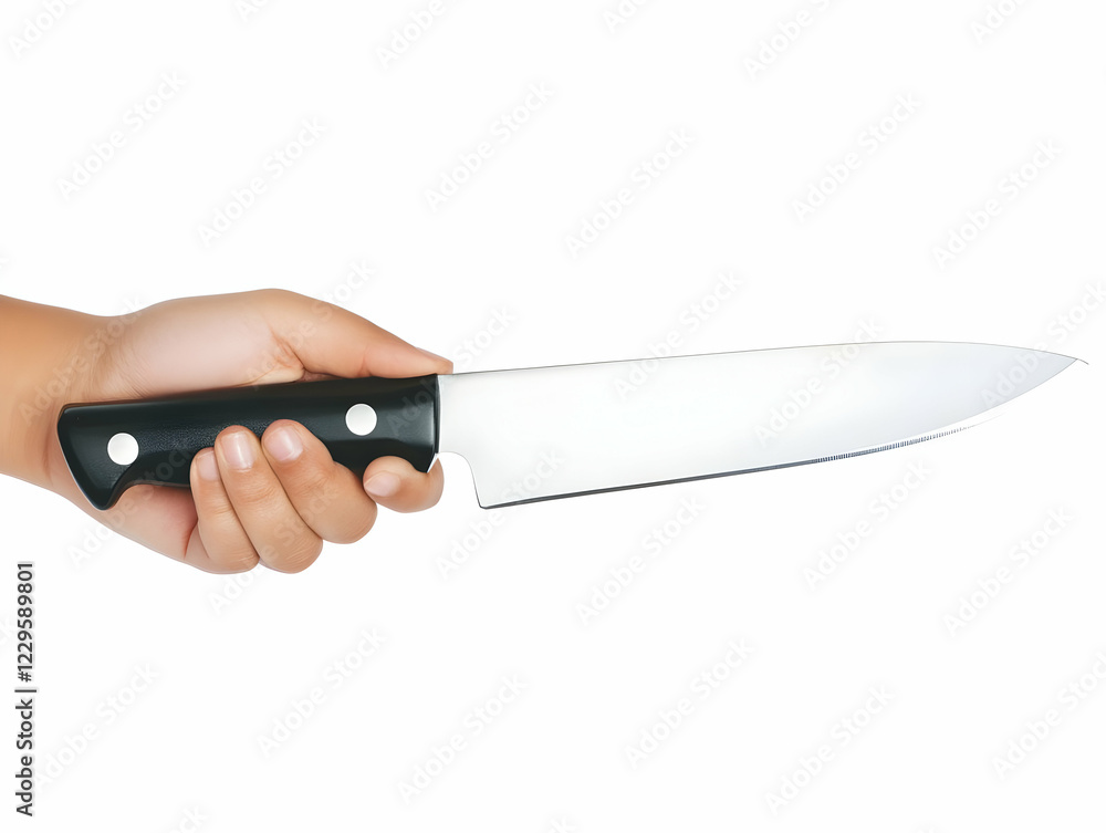 Hand Holds a Sharp Kitchen Knife with a Black Handle on White Background Hand Holds a Sharp Kitchen Knife with a Black Handle on White Background