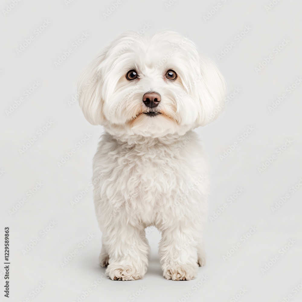 Adorable Fluffy White Maltese Dog Puppy Standing Studio Shot Adorable Fluffy White Maltese Dog Puppy Standing Studio Shot