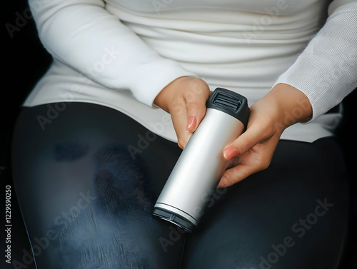 Woman Holds a Sleek Silver and Black Thermal Water Bottle While Sitting on Dark Leather Seats photo