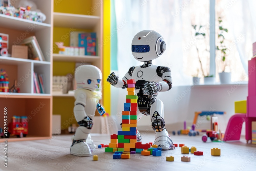 Naklejka premium Humanoid robot engages with toddlers while building a colorful block tower