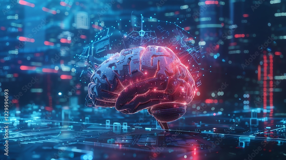 A digital illustration of a brain with glowing circuits, set against a background of a futuristic city. A digital illustration of a brain with glowing circuits, set against a background of a futuristic city.