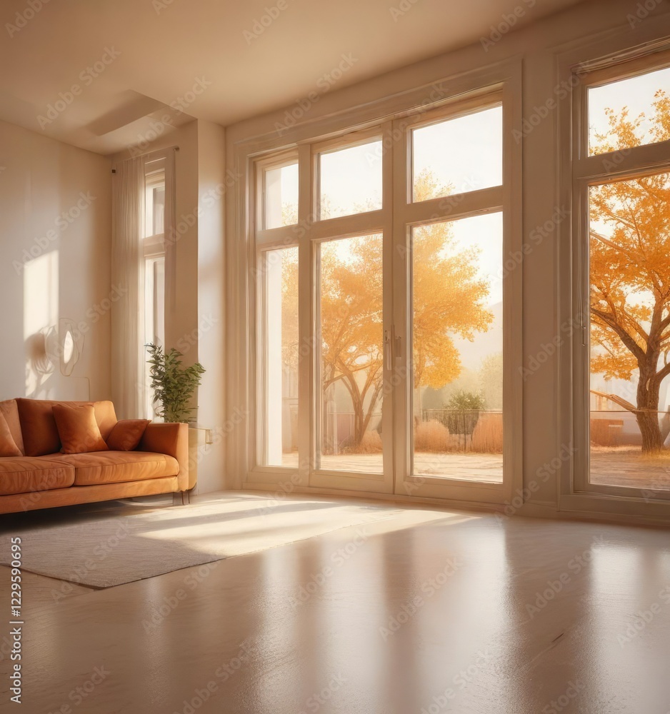 Soft orange tones seep into a room through windows, filtered sunlight, gentle light Soft orange tones seep into a room through windows, filtered sunlight, gentle light