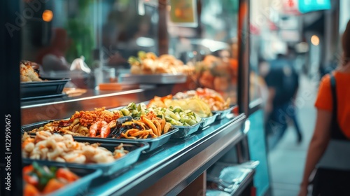 food truck serving Asian fusion dishes, bright colors of food visible through the serving window, located on a busy city street,