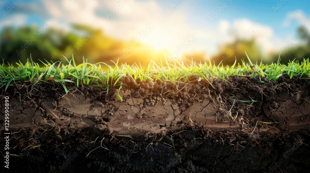 Fototapeta premium Close-up of soil layers with grass above, sunlight filtering through trees in the background