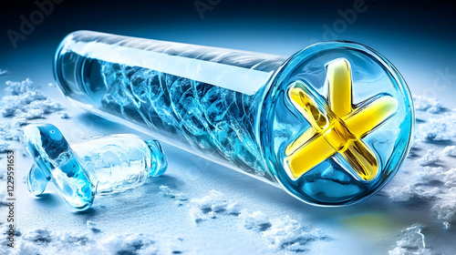 Cryogenic Experiment: A Glass Tube with Frozen Liquid and Yellow Symbol on Snowy Surface photo