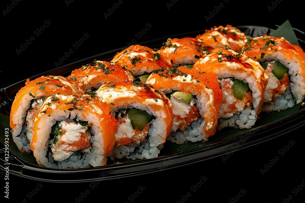 sushi on black plate aerial view with dark background sushi on black plate aerial view with dark background