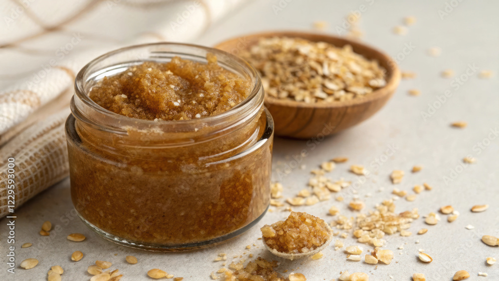 Homemade honey scrub in glass jar with oats scattered around, evoking natural and soothing vibe Homemade honey scrub in glass jar with oats scattered around, evoking natural and soothing vibe