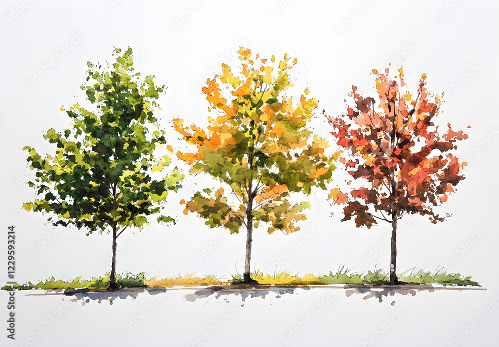 Fototapeta premium Architectural sketch of a small group of trees in the landscape, with green colors on a white background. The painting has low detail, but is a detailed ink wash with a simple, high-resolution, 