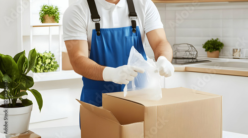 Wallpaper Mural Worker Carefully Places Plastic Bag into Cardboard Box in Kitchen During Packing Process. Torontodigital.ca