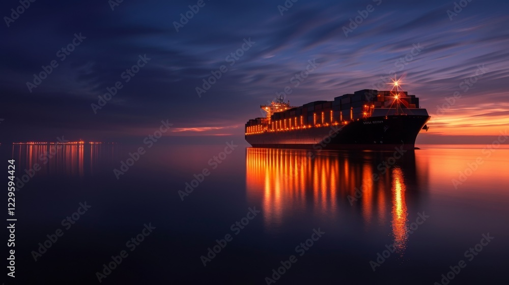 Obraz premium Ocean cargo ship at sea. Global export transport and expansion. Commercial trade. Worldwide delivery. Heavy cargo. Mail, postal, merchandise.